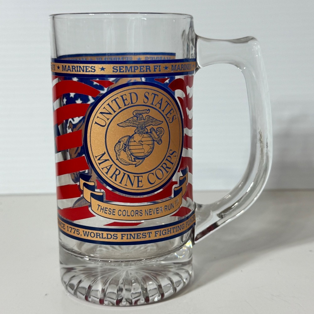 US Marine Corps Glass Beer Mug USMC Bulldog Semper Fi Clear Stein